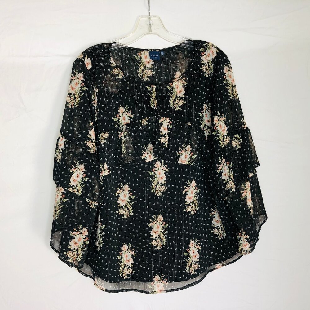 KAARI Blue Women's Size XL Floral Tiered Boho Peasant Blouse Top